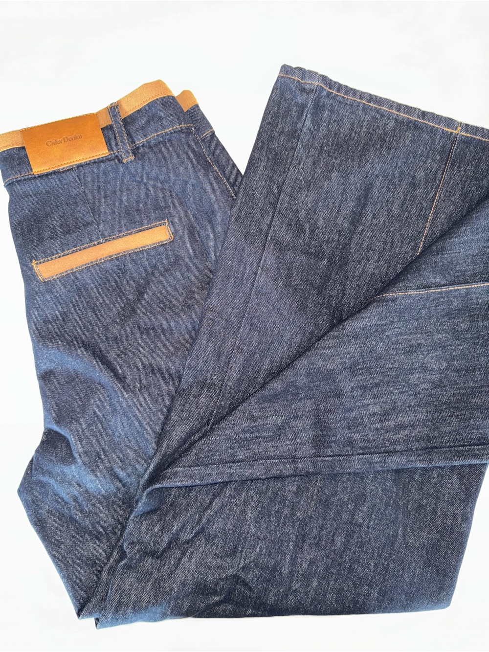 Cider Women’s Dark Blue Denim Flare Jeans Tan Accents L